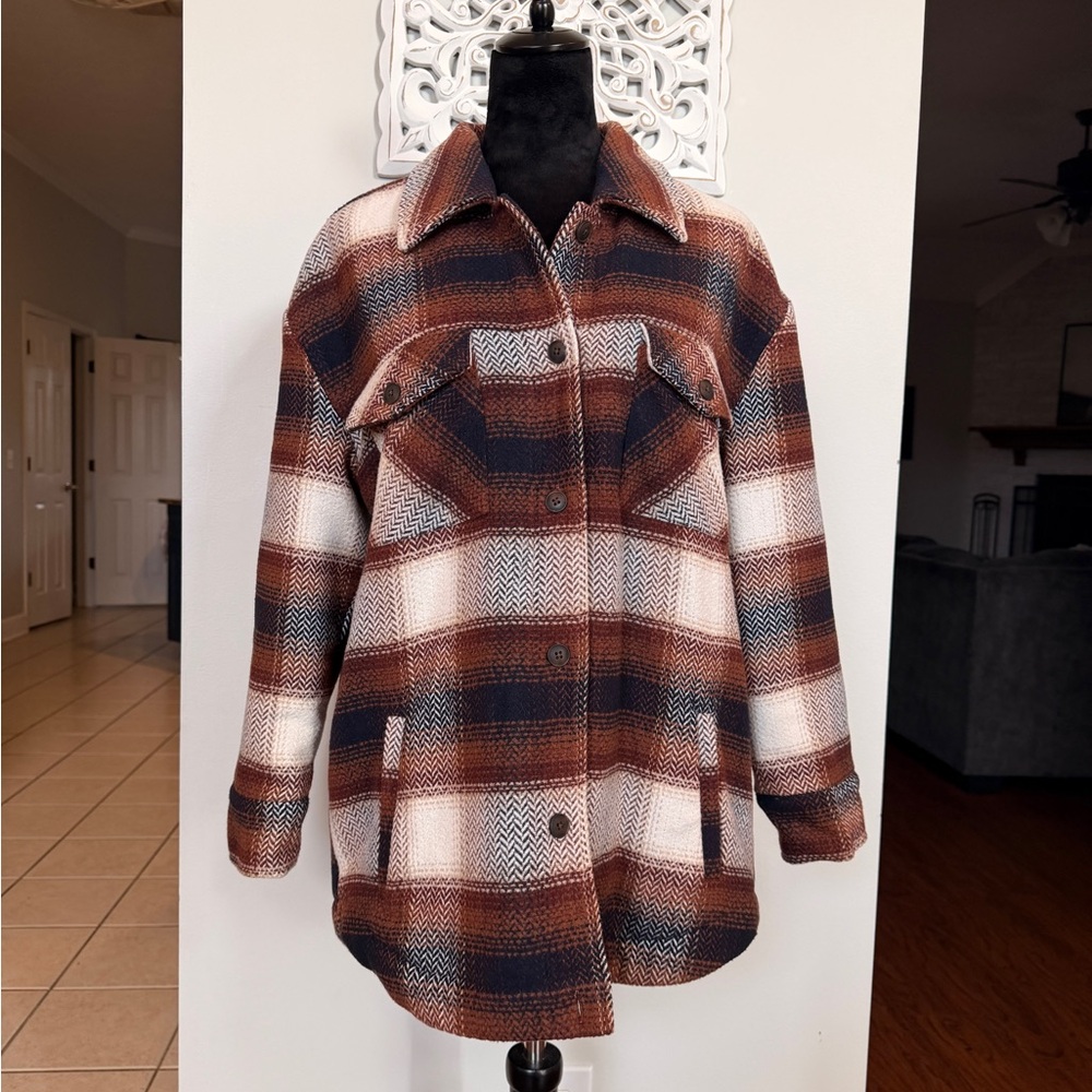 Flag & Anthem Sherpa Lined Plaid Shacket Brown Cream Small